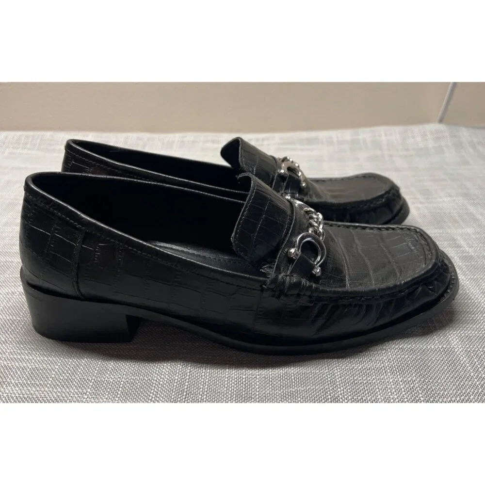 Topshop Womens Horse Bit Croc Embossed Black Heeled Leather Loafers Size 41 10.5